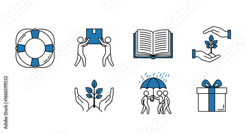 Illustration of life preserver, people lifting box, book, plant care, umbrella and gift box icons design