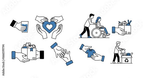 Illustration of charitable acts including providing water food clothing and assistance to those in need