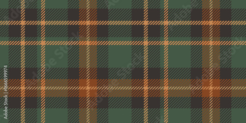 Seamless dark green, black, and orange plaid pattern with diagonal striped details. Geometric textile design for backgrounds and print