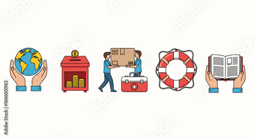Illustration showing earth in hands donation box people moving box first aid lifebuoy and open book in hands