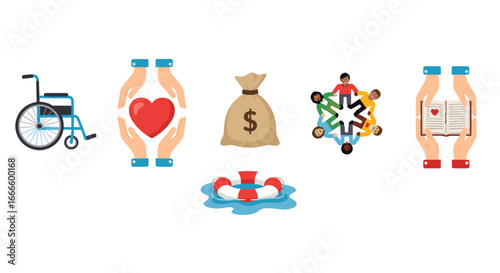 Illustrative representation of charity and aid symbols including medical and financial assistance displayed