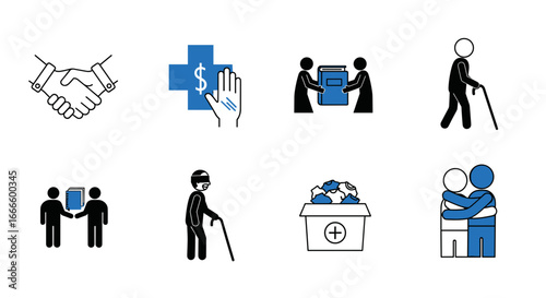 Illustration showing various acts of kindness including charity, helping elderly and giving books to others