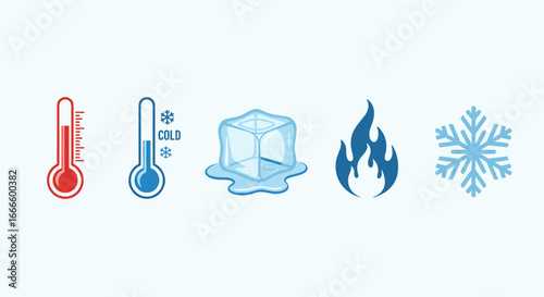 Illustration showing temperature extremes with a hot thermometer, cold thermometer, ice cube, flame and snowflake