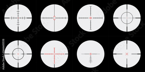 set of realistic sniper scope crosshairs view. sniper sight with measurement marks. sniper scope template isolated on transparent background. rifle optical sight.