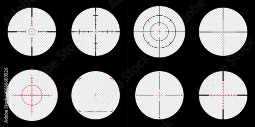 set of realistic sniper scope crosshairs view. sniper sight with measurement marks. sniper scope template isolated on transparent background. rifle optical sight.