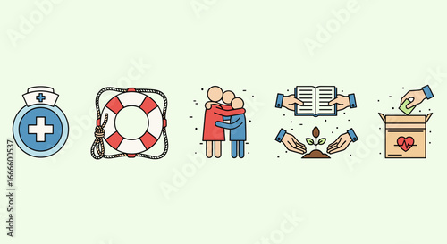Illustration depicting medical help, safety, family support, education, and charitable giving icons