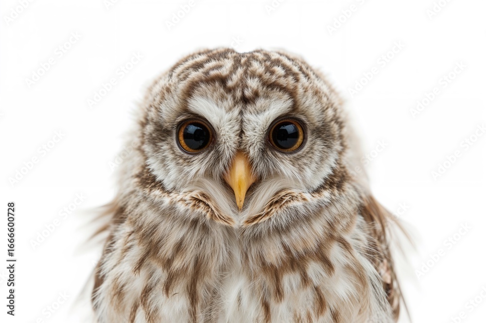Fototapeta premium Close-up of a young owlet facing forward against a plain white backdrop