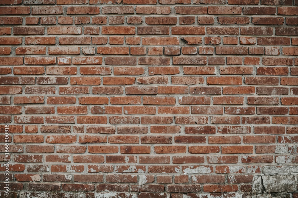 Fototapeta premium Surface of aged red brick masonry covered with moss and grass, showcasing a rustic limestone facade.