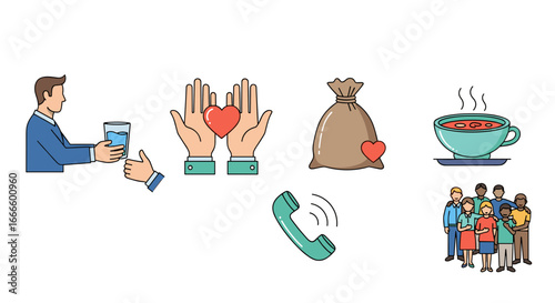 Illustration showing acts of kindness and support including water, love, donations, call and community