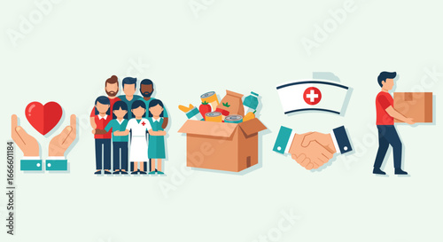 Illustration showing diverse group of volunteers, food donation box, and helping hands concept design