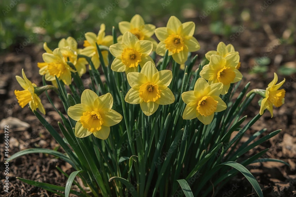 Close-up of vibrant yellow narcissus blooms in an outdoor garden bed Close-up of vibrant yellow narcissus blooms in an outdoor garden bed