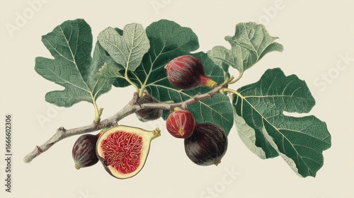 Detailed botanical illustration of fig tree branch with lush green leaves and ripe figs for nature prints,,National Fig Week
