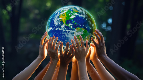 Many hands lifting a glowing earth globe upwards towards a brighter future