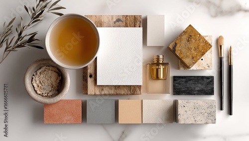A curated collection of materials and textures displayed on a marble surface.  A cup of tea and small objects like paint swatches, a notepad, and small containers are arranged