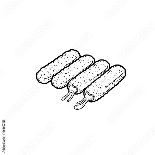 Hand-drawn sketch of a trio of classic fried food sticks on a stick, possibly corn dogs or mozzarella sticks. This detailed black and white illustration captures the crispy texture of a popular street