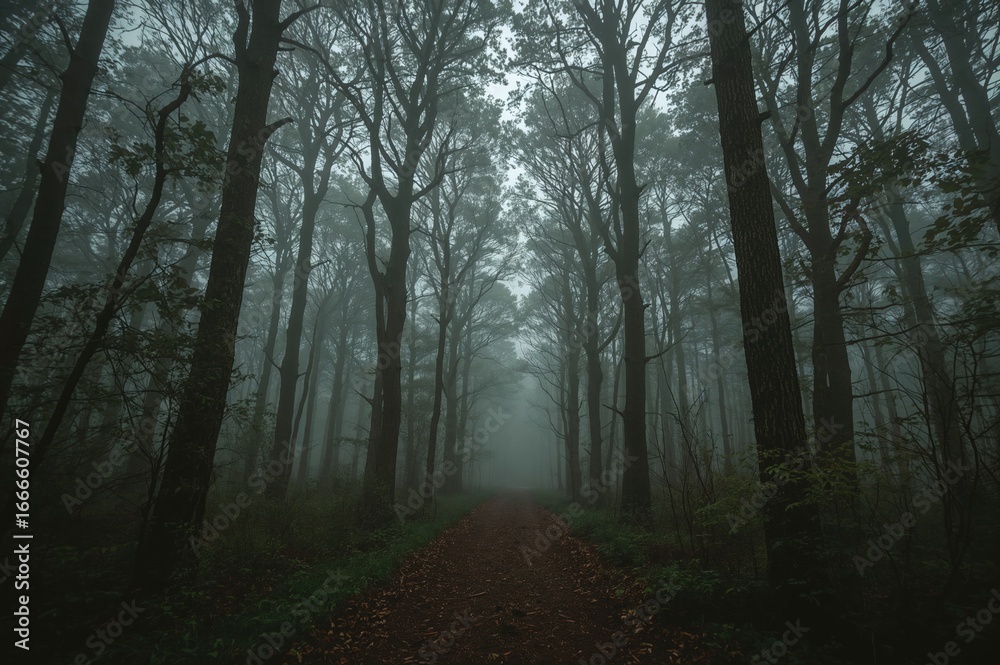 Fototapeta premium Journey into the mysterious foggy forest