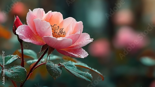 Pink Rose Blooming in Garden, Macro Dark Background Soft Light Romantic Scene
