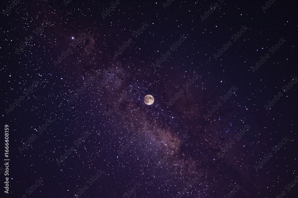 Fototapeta premium Astrophotography demands extended exposure times and minimal illumination. Blurred backdrop with a textured grainy effect. Complete lunar orb, galactic core, and celestial star patterns visible
