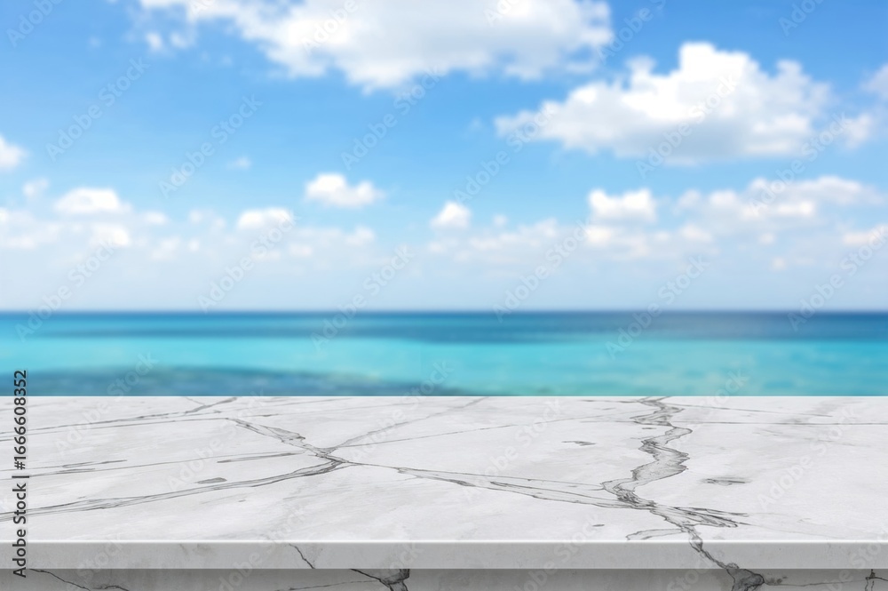 Fototapeta premium Glossy white marble tabletop with blurred sky and ocean bokeh background, banner mockup for product presentation