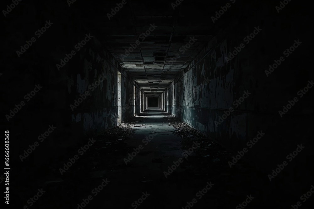 Shadowy hallway in a deserted building, eerie and empty passageway. Shadowy hallway in a deserted building, eerie and empty passageway.