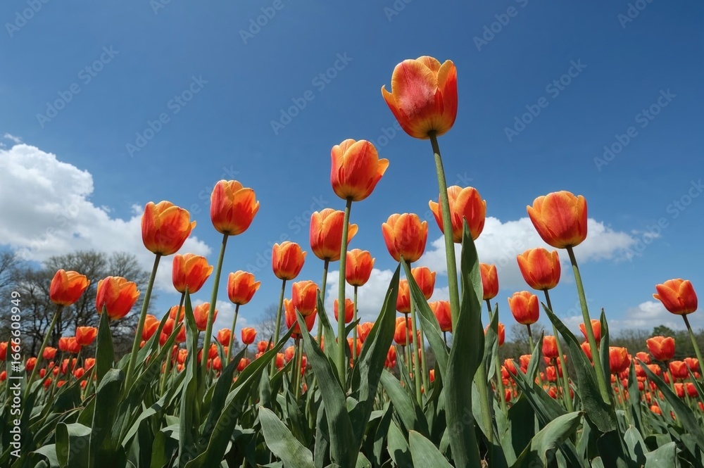Fototapeta premium Tulips blossoming with a clear sky backdrop, shot from underneath