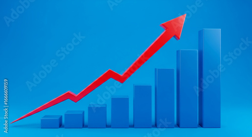 Red arrow pointing upward above blue bar graph, showcasing growth, progress, and success in business and finance Free Download Red arrow pointing upward above blue bar graph, showcasing growth, progress, and success in business and finance - GFXLoad