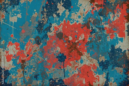 A retro art space features a distressed metal backdrop showcasing an abstract composition with vibrant blue and red hues.
