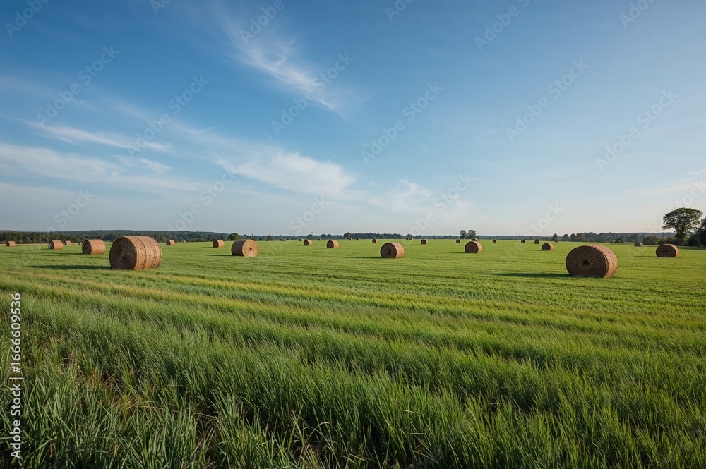 Obraz premium Agricultural land with cylindrical hay bales