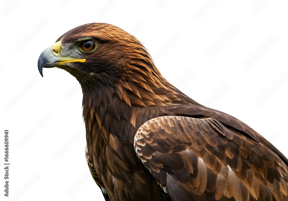 Obraz premium A majestic golden eagle, captured in a detailed close-up, showcasing its vibrant brown feathers and piercing gaze against a stark white background. The focus highlights its beak and powerful presence.