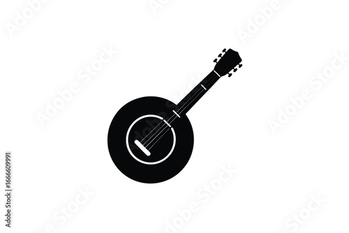 A black silhouette of a banjo on a plain white background