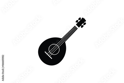 A black silhouette of a banjo on a white background