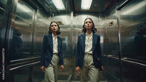Serious businesswoman in navy blazer looking at her reflection in mirror inside office building elevator, businesswoman in office elevator mirror
