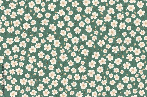 Chic tiny white blossoms design. Delicate floral repeat for apparel fabrics. Continuous motif. Seasonal flower cluster theme.