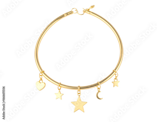 Golden bracelet with heart, stars, and moon on transparent background
