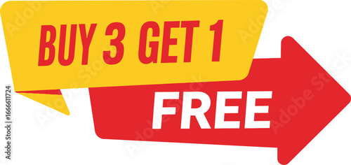 Buy 3 Get 1 Free Promotional Banner – Bold Yellow and Red Arrow Design for Bulk Retail Offers