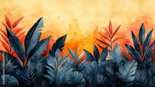 Colorful Long Leaf Abstract Watercolor Painting, Vintage Poster Design with Golden Ratio Symmetrical Layout, Beige Background Warm Toned Tranquil
