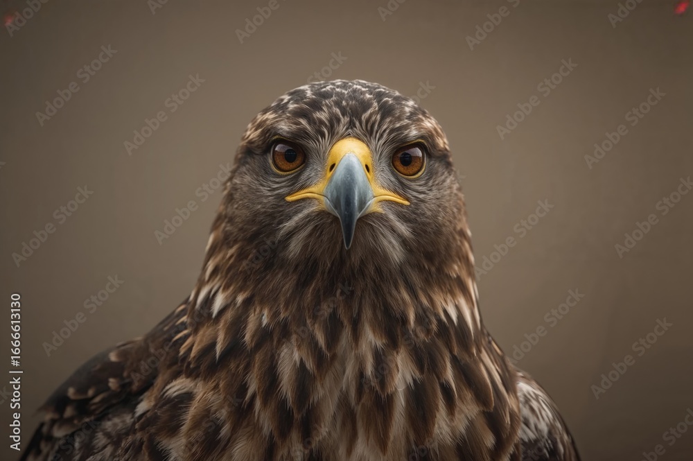 Fototapeta premium Close-up of an eagle with sharp beak and deep brown eyes against a dark backdrop