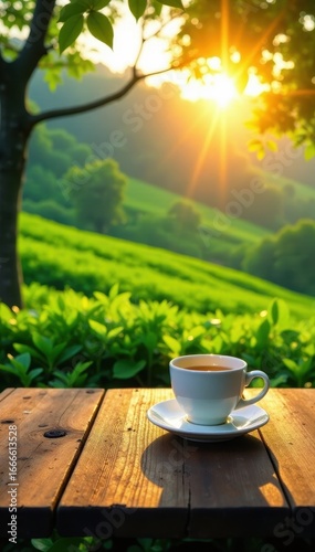 Wooden table in lush tea plantation, morning sun , blurred background, tea plantation, top view