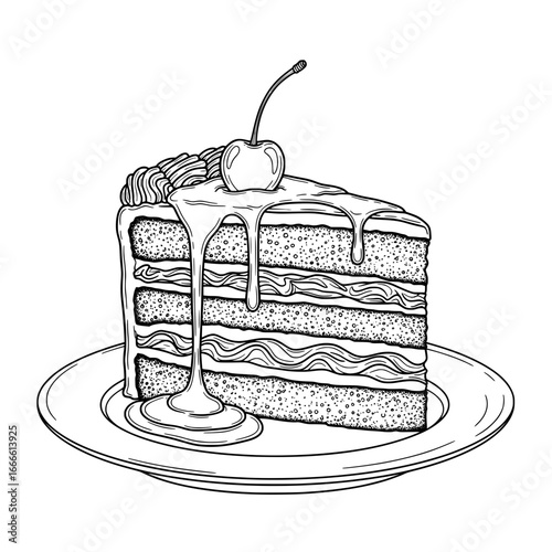 Cake slice with cherry outline illustration