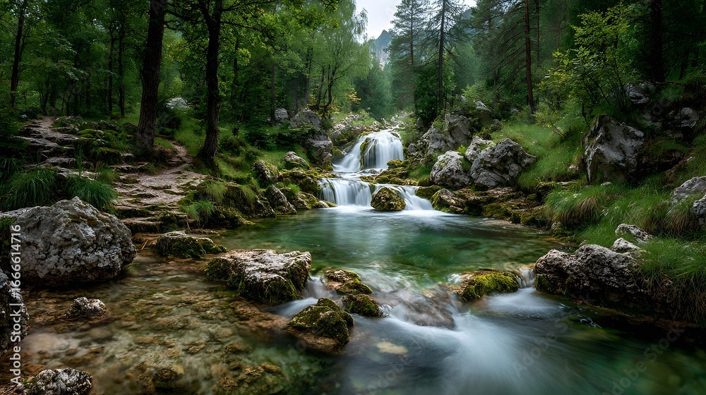 Fototapeta premium Breathtaking long-exposure of a cascading waterfall in a lush, green forest. The silky smooth water flows over moss-covered rocks under golden sunlight.