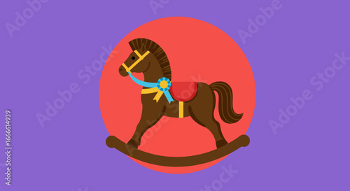 A brown rocking horse with a red saddle and a blue ribbon is set against a red circle on a purple background
