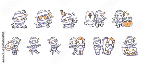 Set of halloween cute and spooky mummy character illustration . Hand drawn icon . Vector .