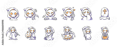Set of halloween cute and spooky grim reaper character illustration . Hand drawn icon . Vector .