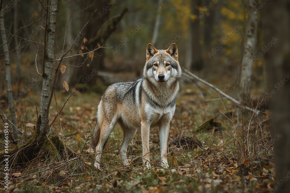 Obraz premium Springtime grey wolf roaming in woodland