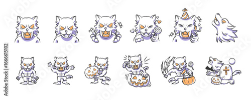 Set of halloween cute and spooky werewolf character illustration . Hand drawn icon . Vector .