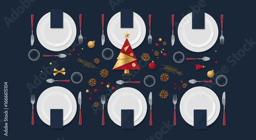 A Christmas dinner table is set for six featuring plates silverware glasses a tree and ornaments