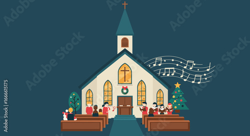 A church building with Christmas decorations and people singing in front