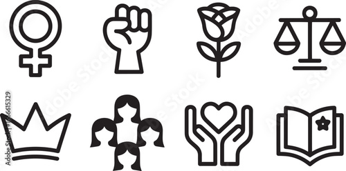 Feminism and Empowerment Symbol Collection Female Sign Fist Rose Scales Crown Icons