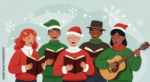 A diverse quintet sings carols four hold books one plays guitar all joyfully smiling in a snowy festive scene