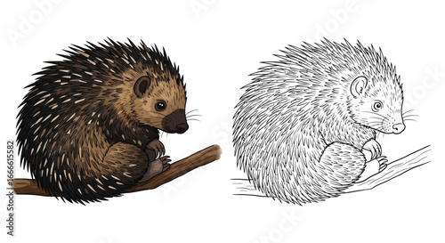 Amazon Tree Porcupine Mammal Coloring Page with Detailed Line Art and Full Color Example